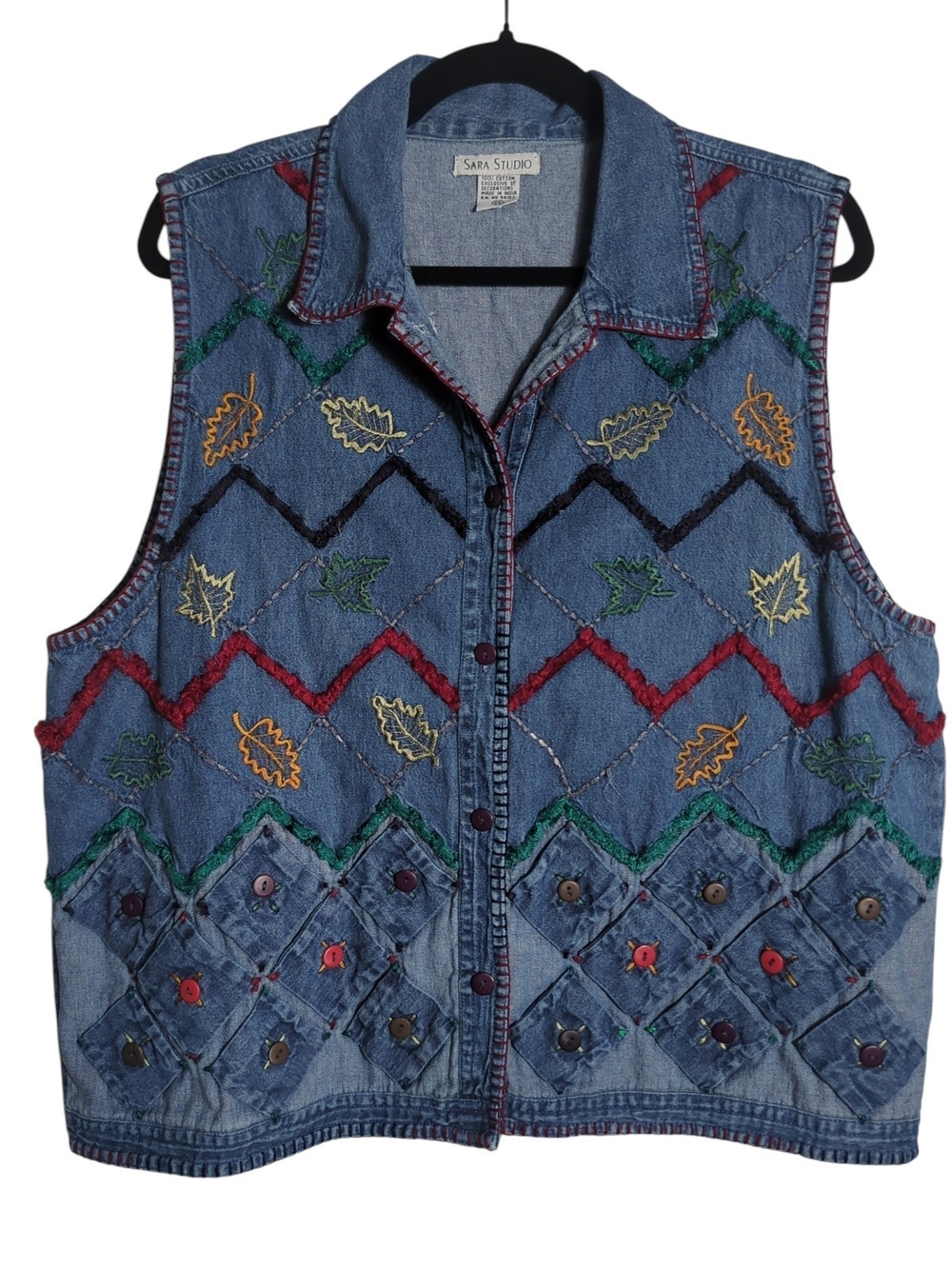 Vintage Sara Studio 2X Grandmacore Embroidered Denim Vest Fall Leaves Patchwork